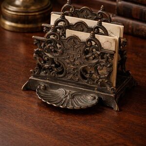 Antique Victorian Style Cast Metal Letter Holder / Desk Organizer with Ink Tray